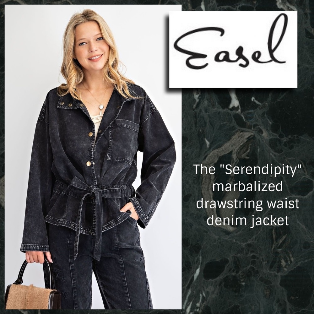Easel Mineral Washed Marbleized Denim Jacket W/Drawstring Waist